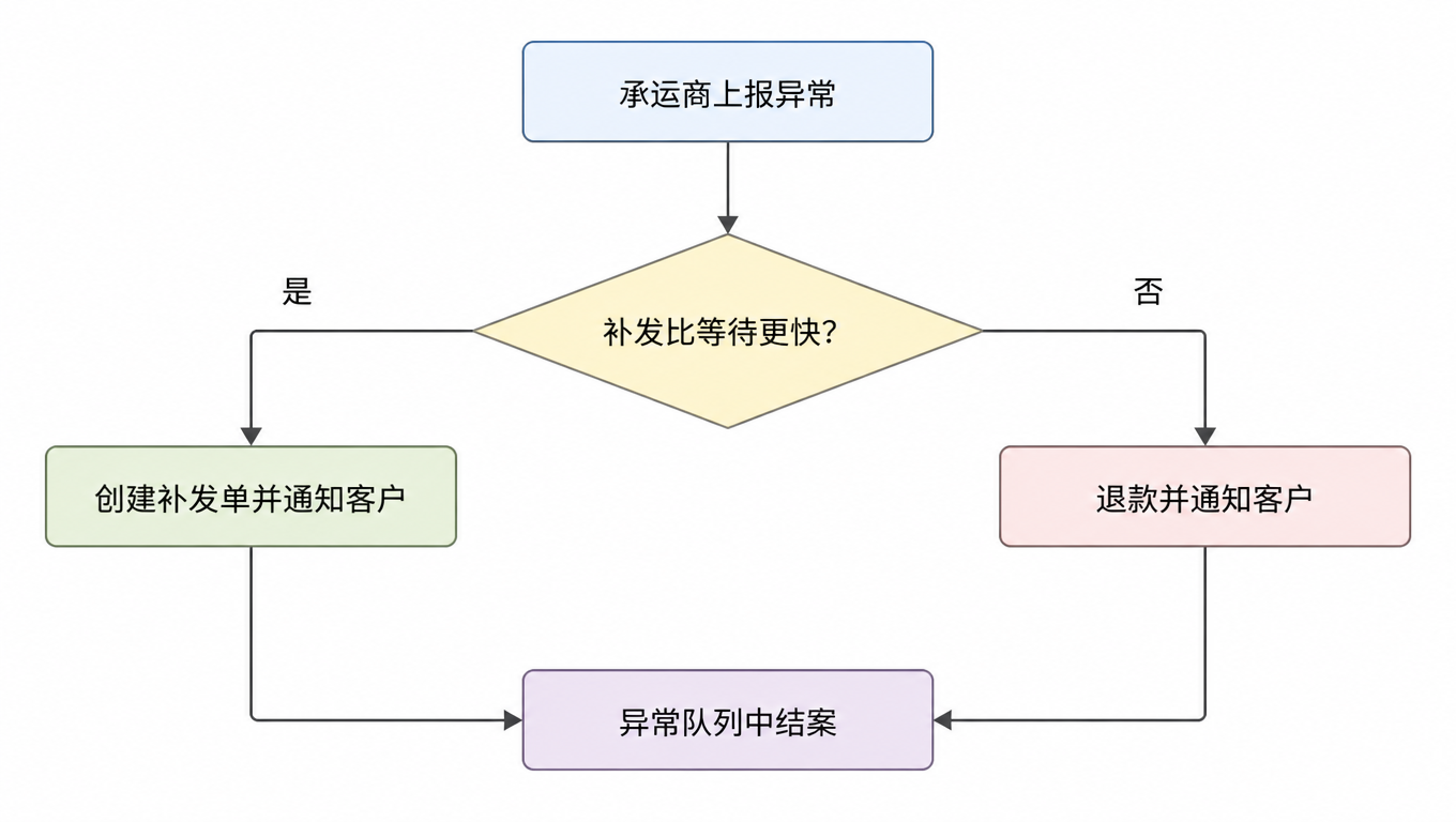 决策流程图:承运商上报异常后,判断补发是否比等待更快,是则创建补发单并通知,否则退款并通知,最后在异常队列中结案