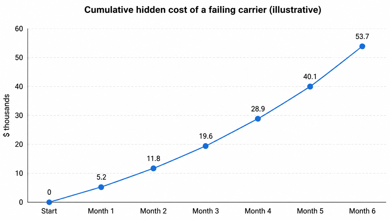Line chart of the cumulative hidden cost of a failing carrier, rising to over 53k USD by month six (illustrative)
