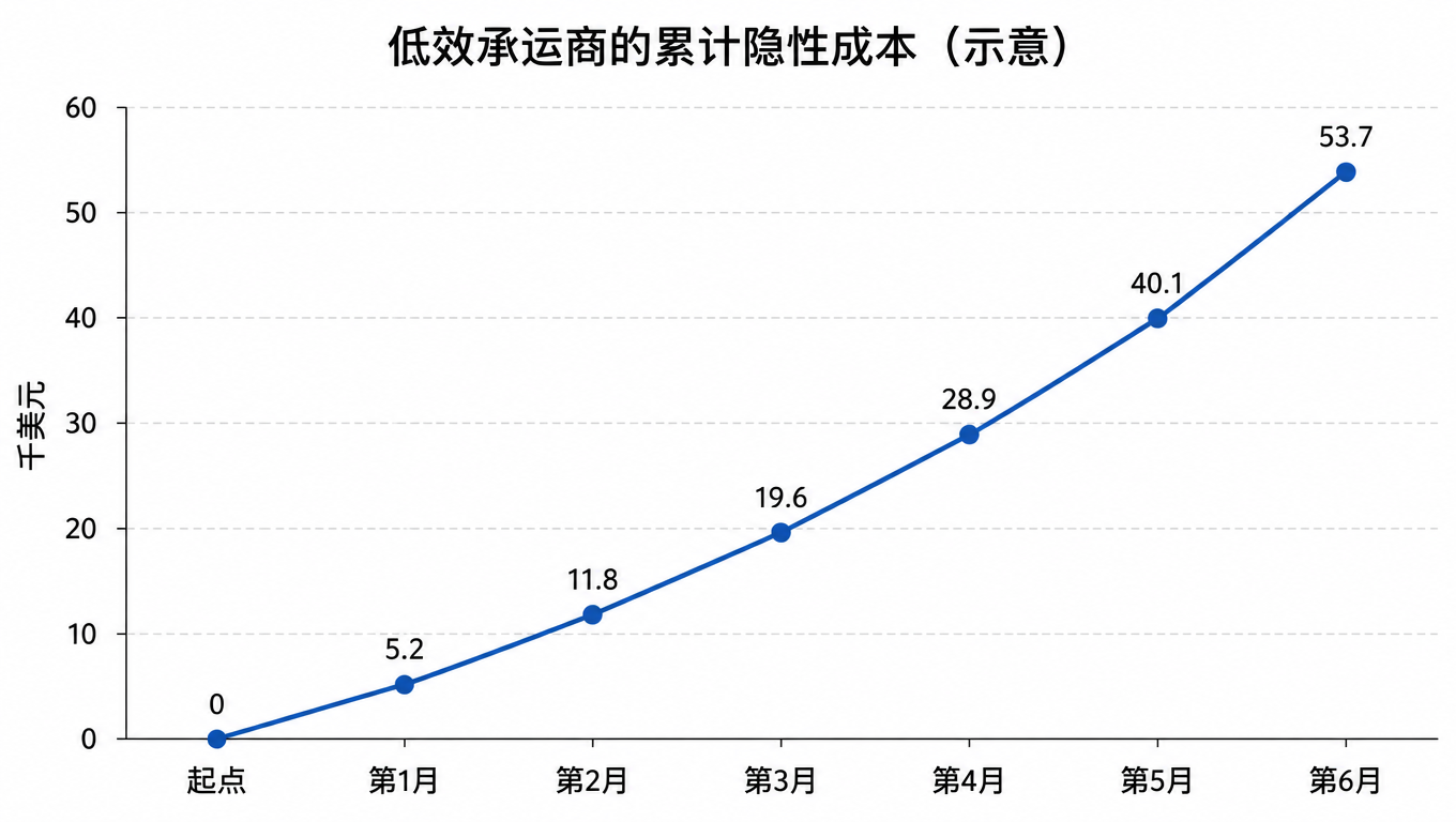 折线图:低效承运商的累计隐性成本从起点一路升到第 6 个月的约 5.37 万美元(示意)