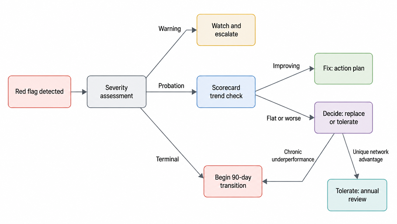 Decision flow: red flag classified by severity, scorecard trend check, fix if improving, replace or tolerate if flat or worse