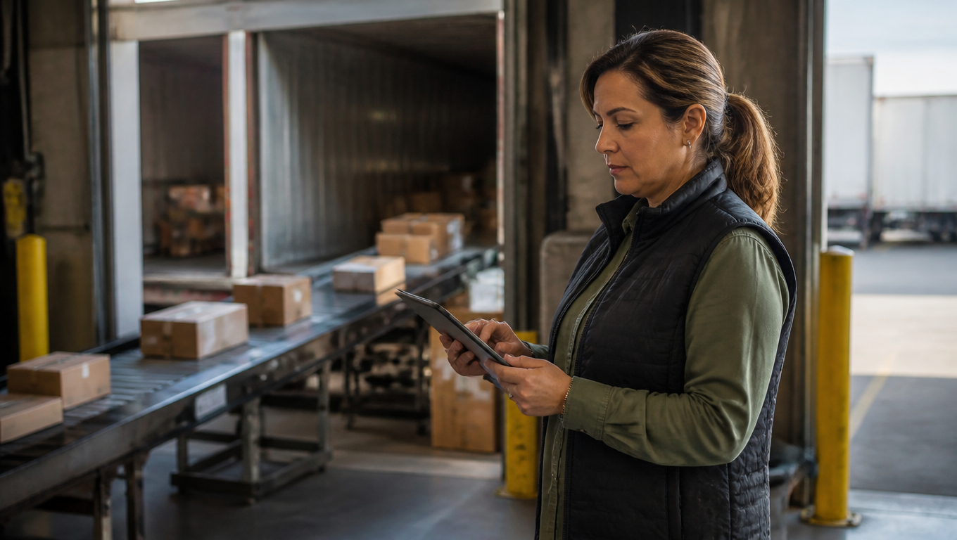 3PL manager reviews a carrier performance dashboard on a tablet beside a parcel conveyor.
