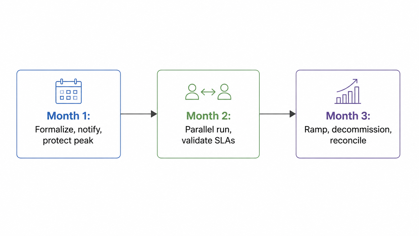 90-day transition timeline: Month 1 formalize and notify, Month 2 parallel run, Month 3 ramp and exit