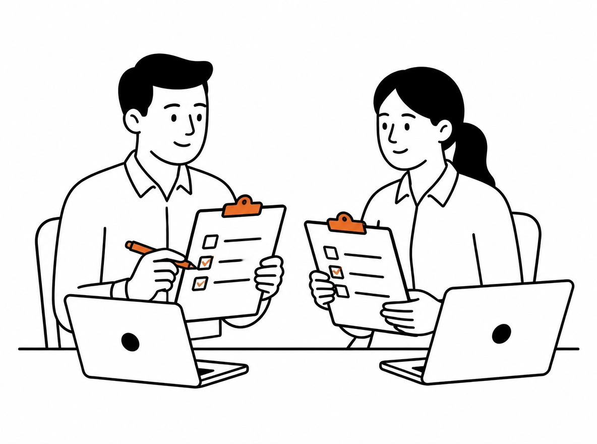 Two warehouse managers review a carrier transition checklist beside folders and a laptop.