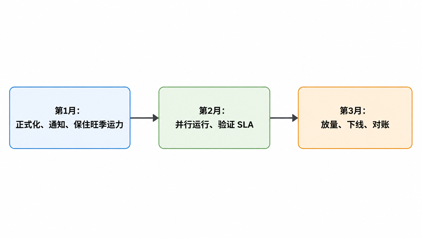 90 天过渡计划时间线:第 1 个月正式化与通知,第 2 个月并行运行,第 3 个月放量与退出