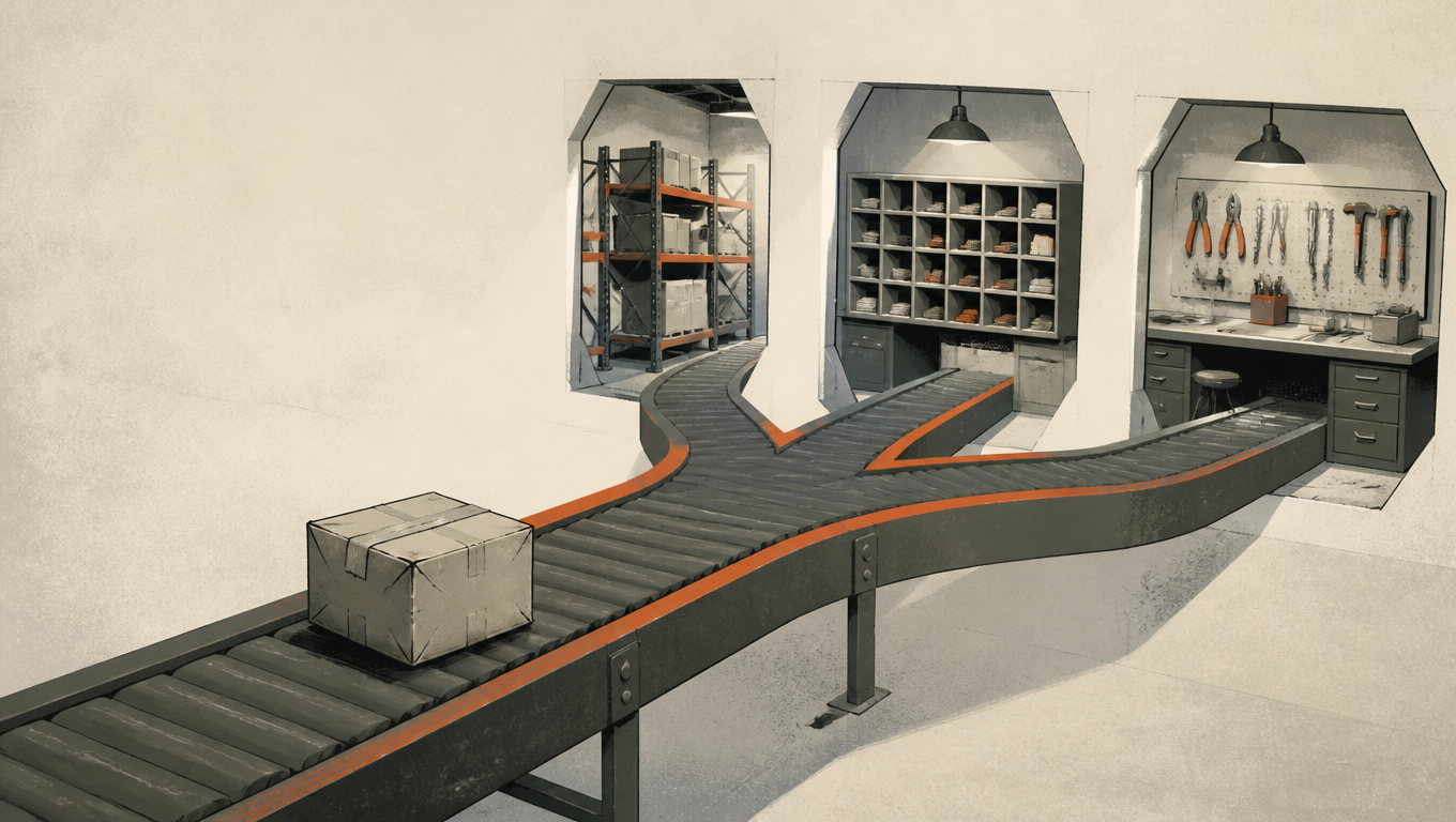 Editorial illustration of a returns conveyor splitting into three lanes that lead into three warehouse interiors in cutaway view, a battered carton riding the belt in the foreground, hand-inked linework, restrained palette with a single orange accent, deliberately off-center composition.
