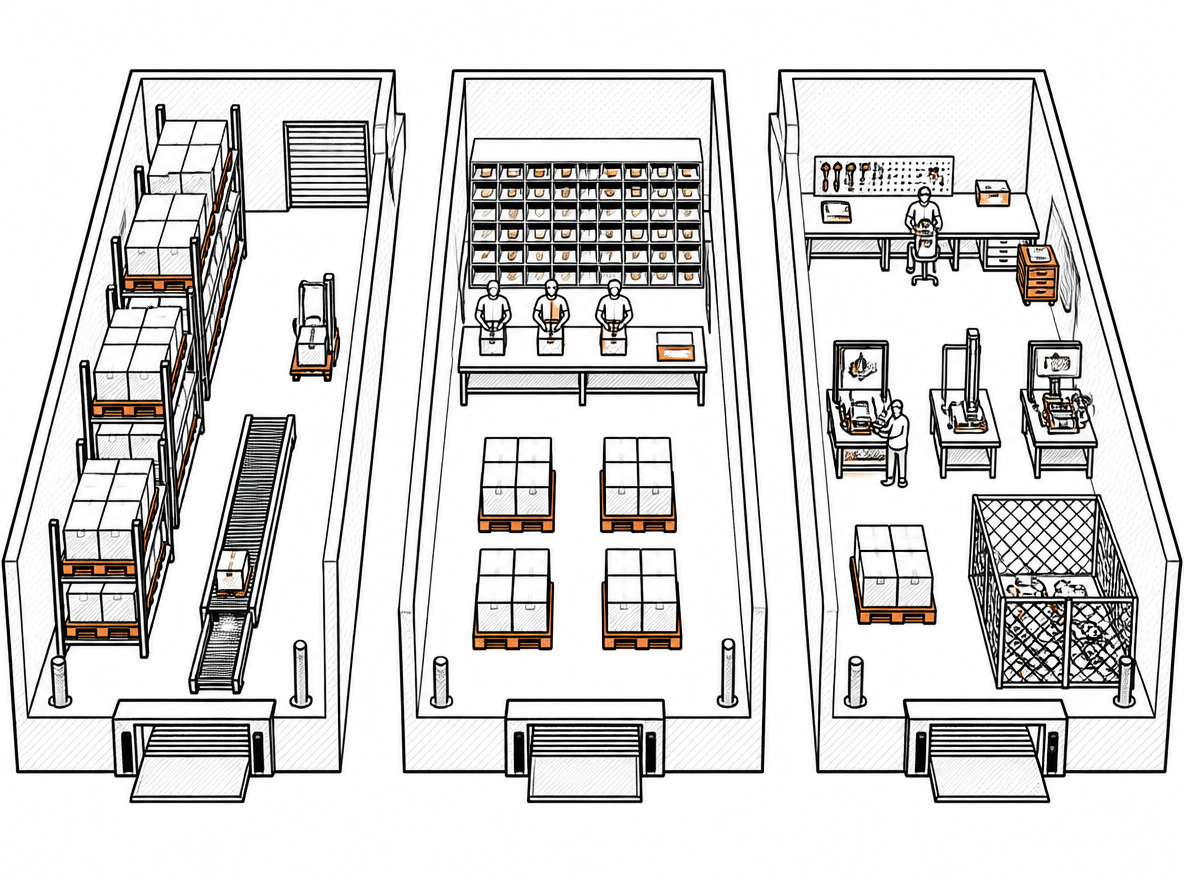 Editorial illustration of three warehouse floorplans side by side in cutaway: the first with a short belt and tall racking, the second with a dense sorting grid and a grading bench, the third with a refurbishment bench, testing rigs and a marked disposal cage, matching pallets and cartons in all three, flat hand-inked linework with light hatching.