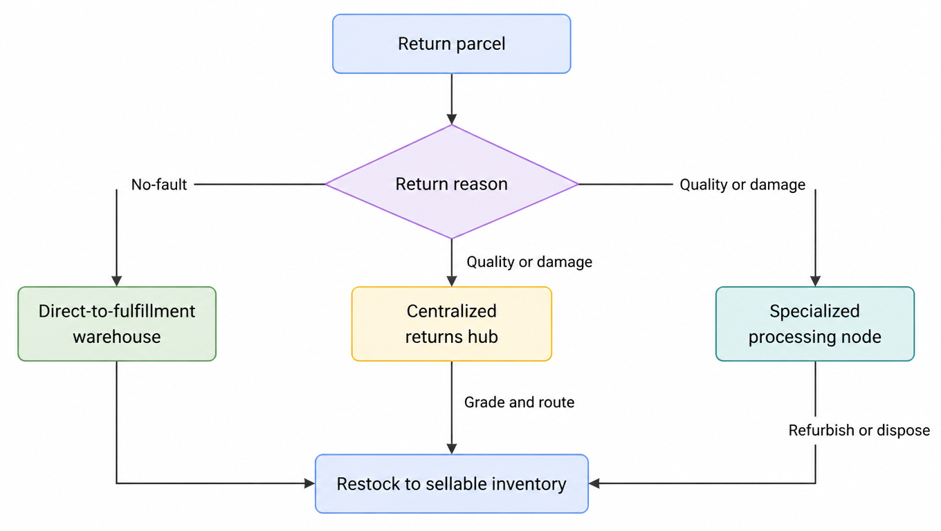 Flowchart: the return parcel branches first by reason, no-fault goes to a direct-to-fulfillment warehouse while quality or damage goes to a centralized returns hub or a specialized processing node, and all three lines converge on restocking to sellable inventory