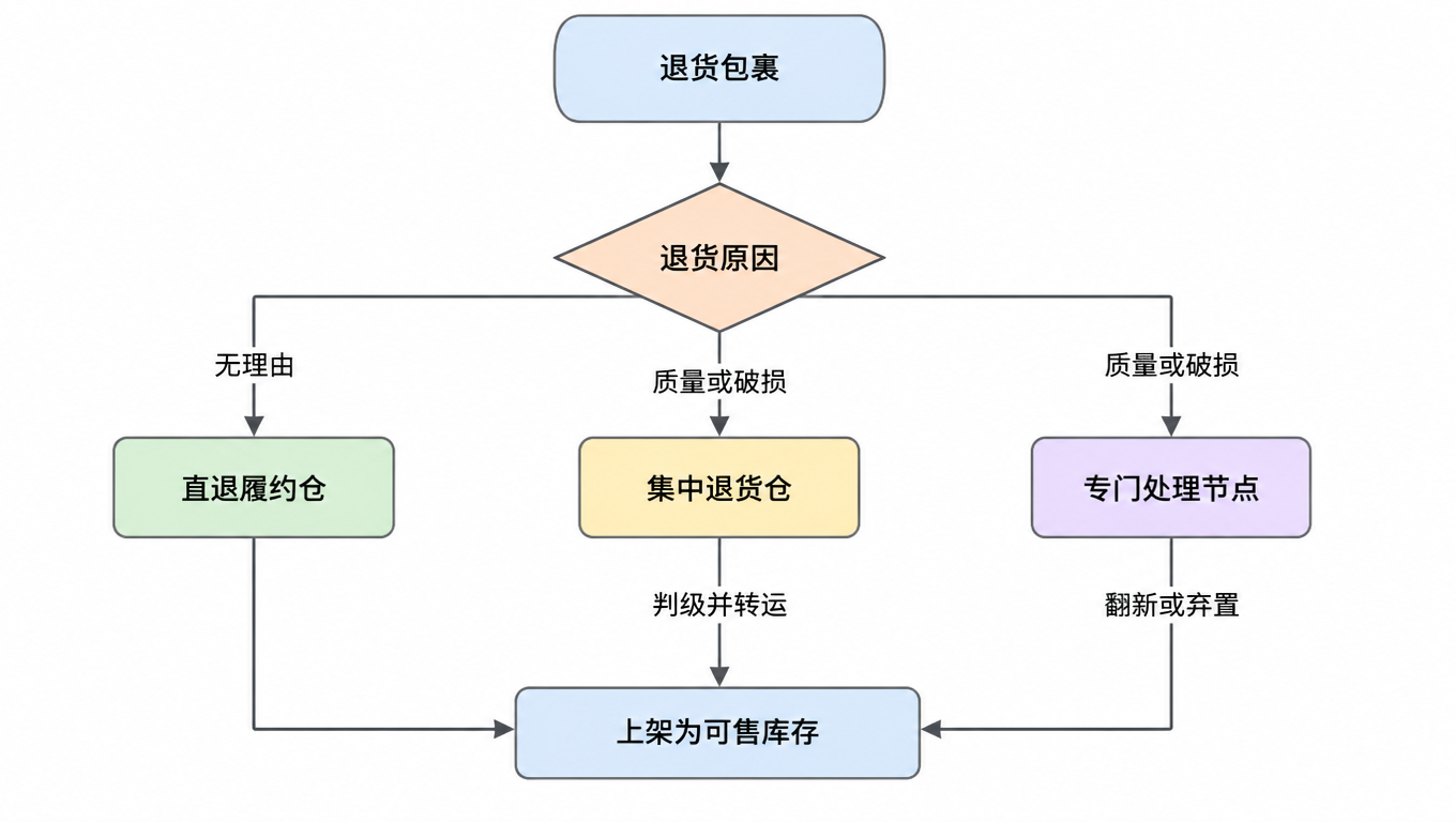 流程图:退货包裹先按原因分岔,无理由走直退履约仓,质量或破损走集中退货仓或专门处理节点,三条线最后都汇到上架为可售库存
