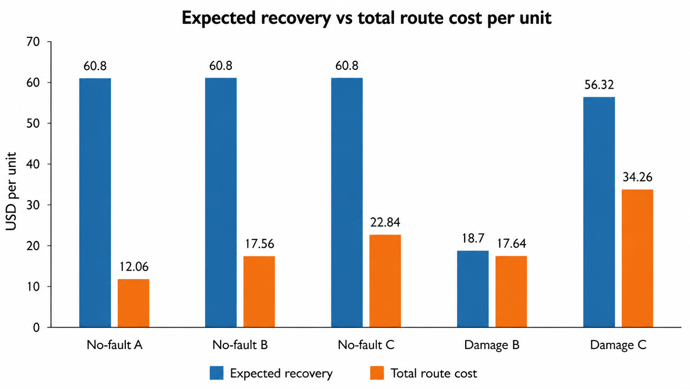 Bar chart: expected recovery against total route cost per unit across five routes. The three no-fault routes each expect 60.8 dollars of recovery with total costs of 12.06, 17.56, and 22.84; damaged B is 18.7 against 17.64, and damaged C is 56.32 against 34.26