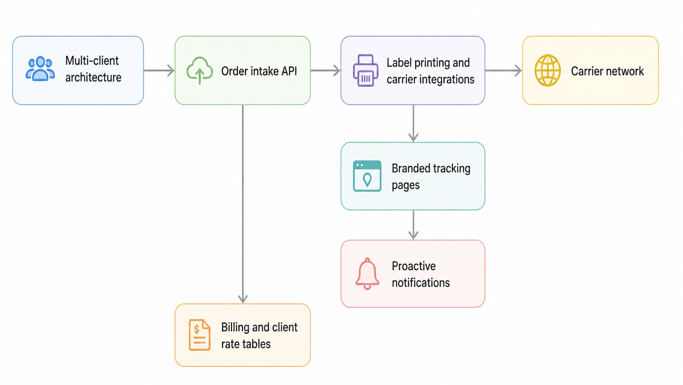 Flowchart: multi-client architecture, order intake API, label printing and carrier integrations, carrier network, branded tracking pages, proactive notifications, billing and client rate tables