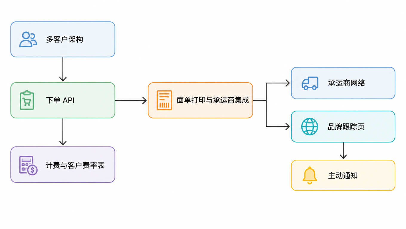 流程图:多客户架构、下单 API、面单打印与承运商集成、承运商网络、品牌跟踪页、主动通知、计费与客户费率表