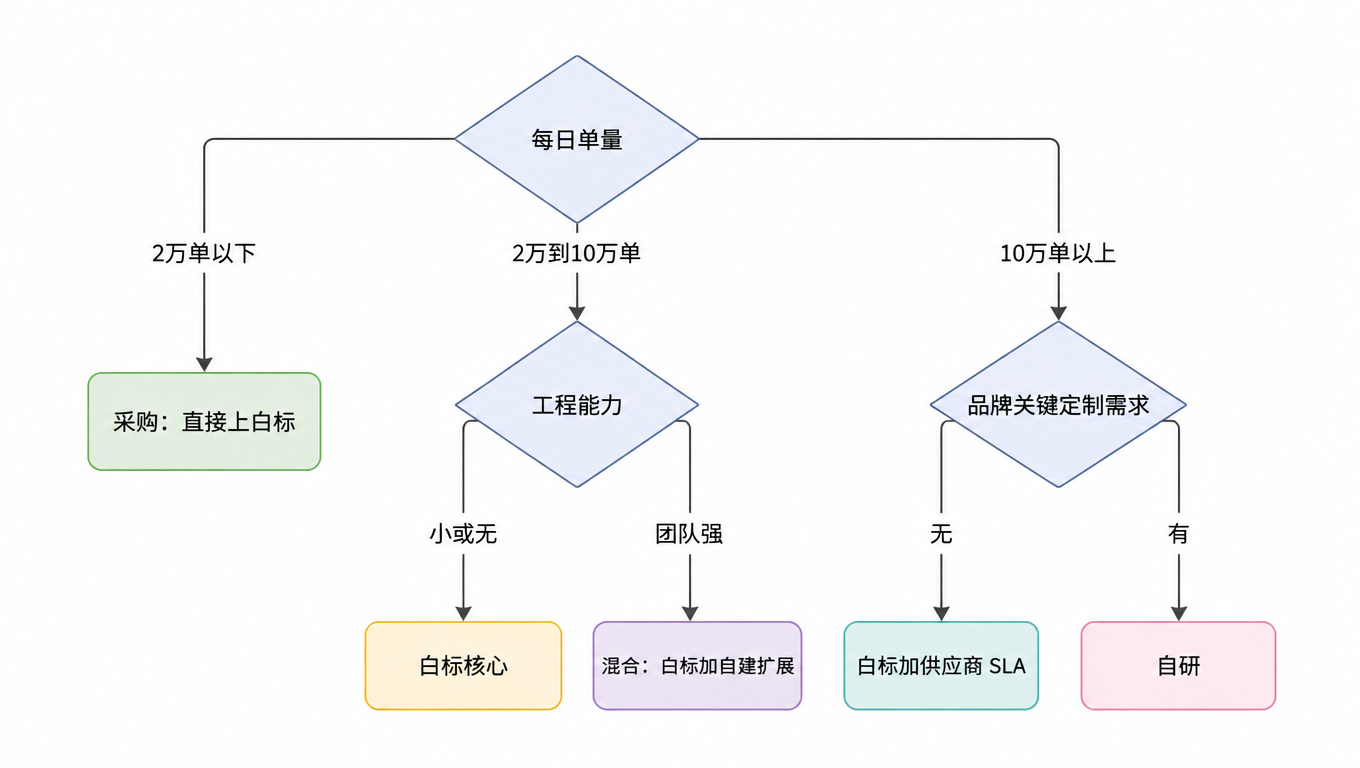 决策树:每日单量 2 万以下直接采购白标;2 万到 10 万看工程能力选白标核心或混合;10 万以上看品牌定制需求选自研或白标加 SLA