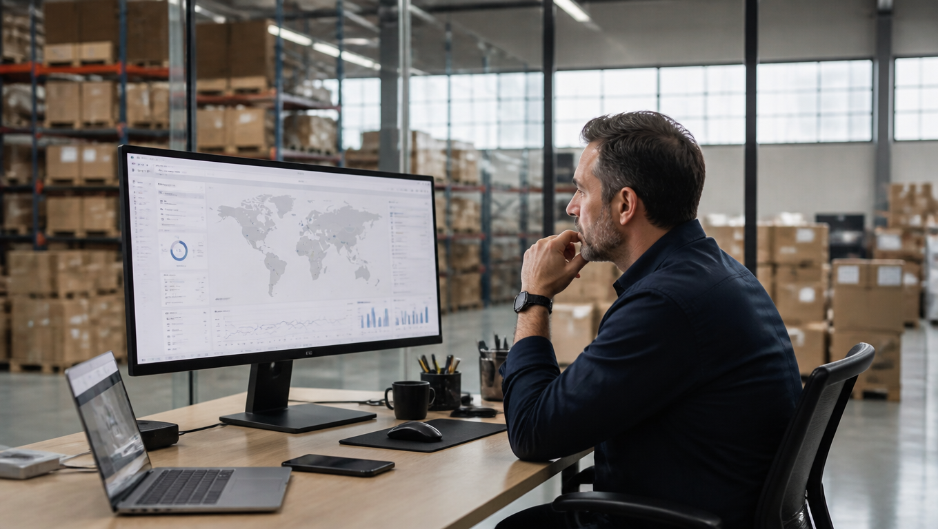 A fulfillment operations manager reviewing a white-label shipment tracking dashboard on a large monitor in a modern warehouse office, shipping boxes softly blurred in the background