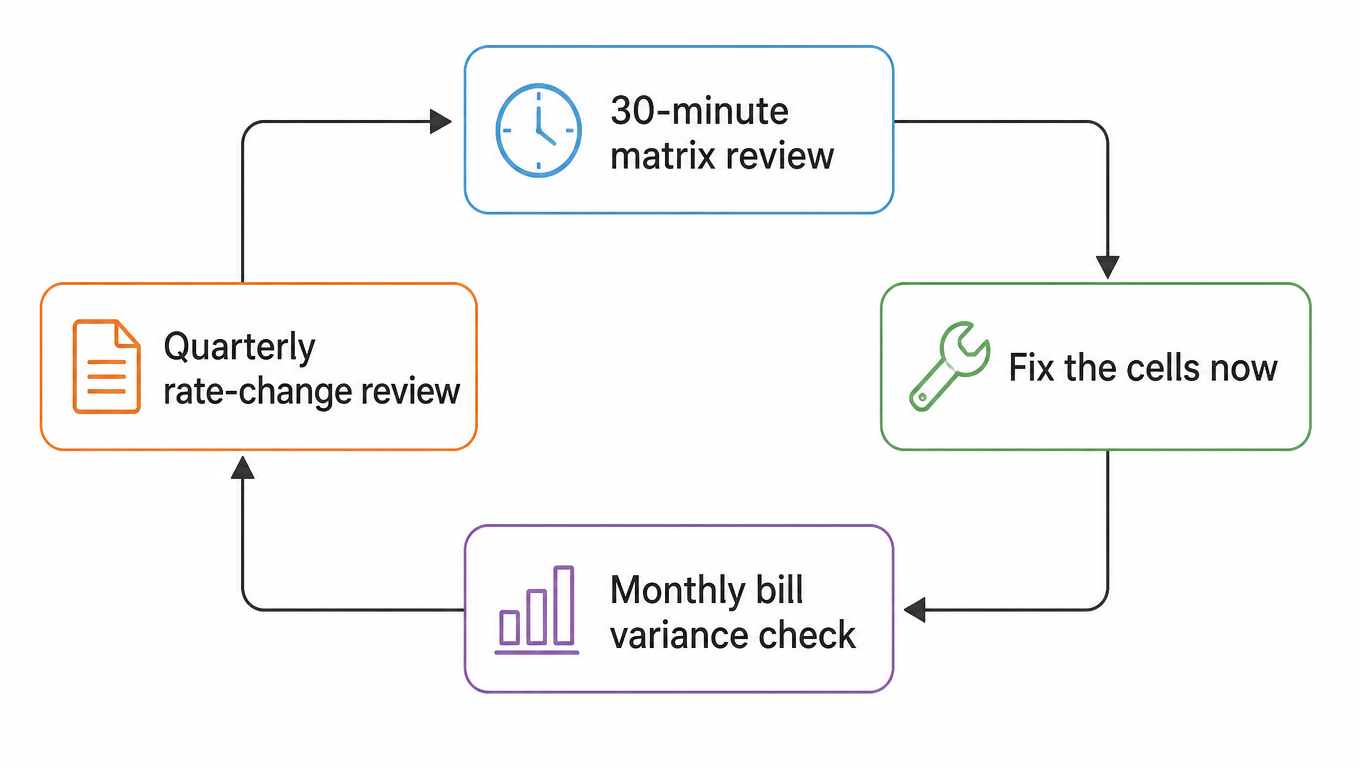 Cycle: 30-minute matrix review → fix the cells now → monthly bill variance check → quarterly rate-change review → back to the start