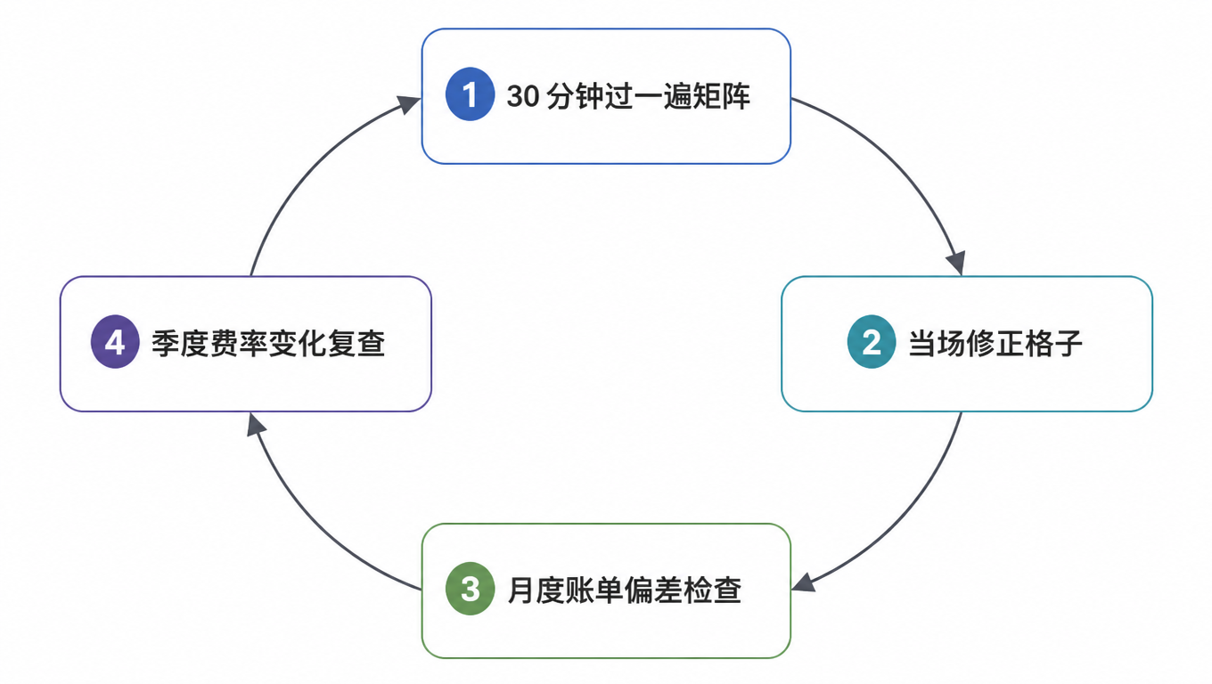 循环图:30 分钟过一遍矩阵 → 当场修正格子 → 月度账单偏差检查 → 季度费率变化复查 → 回到开头
