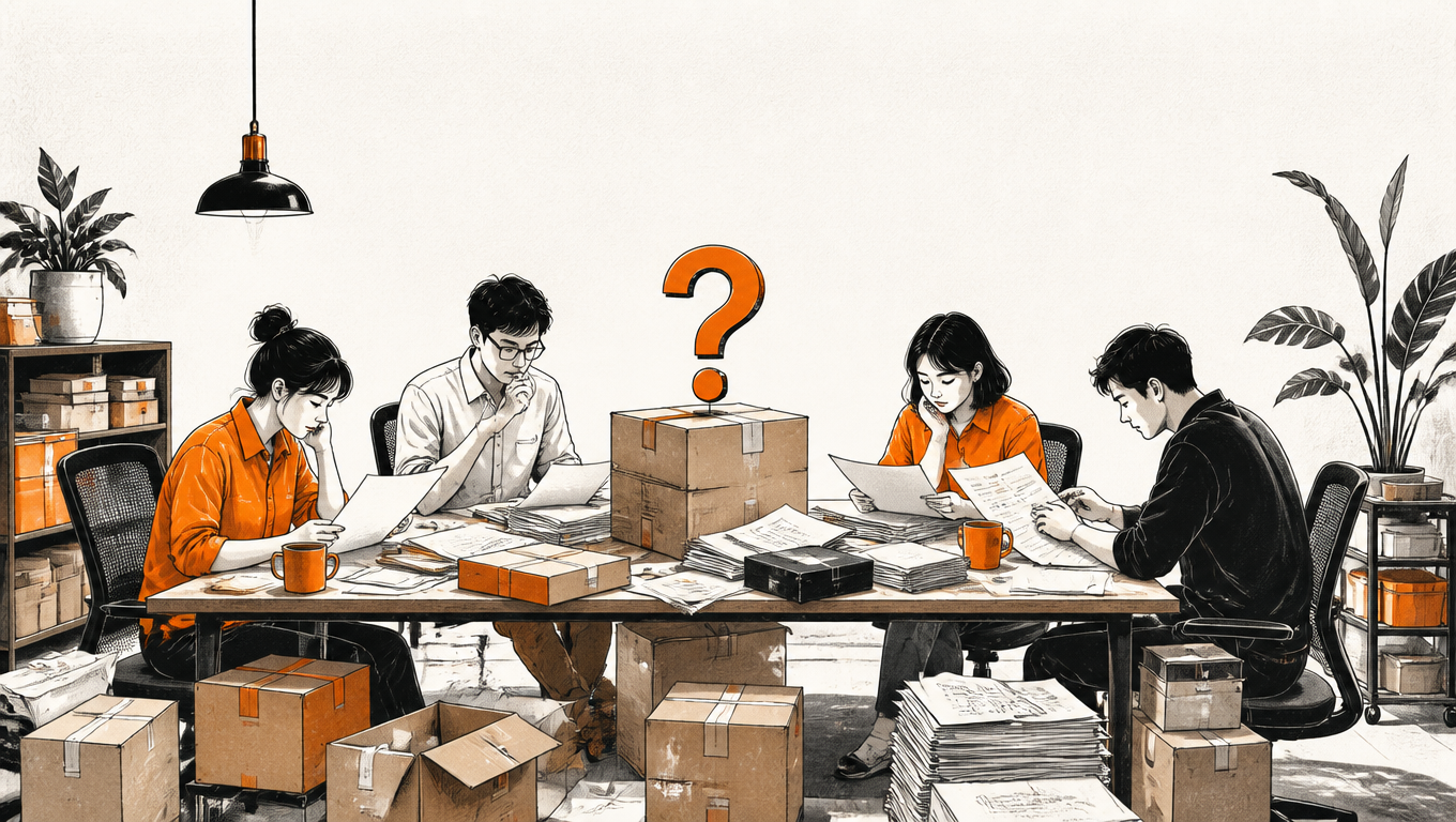 Four team members review separate documents around a table of parcels and invoices, with a question mark on a central box.