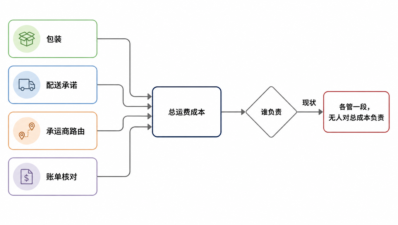 流程图:包装、配送承诺、承运商路由、账单核对四路汇入总运费成本,总成本指向一个问题:谁负责?现状是各管一段,无人对总成本负责