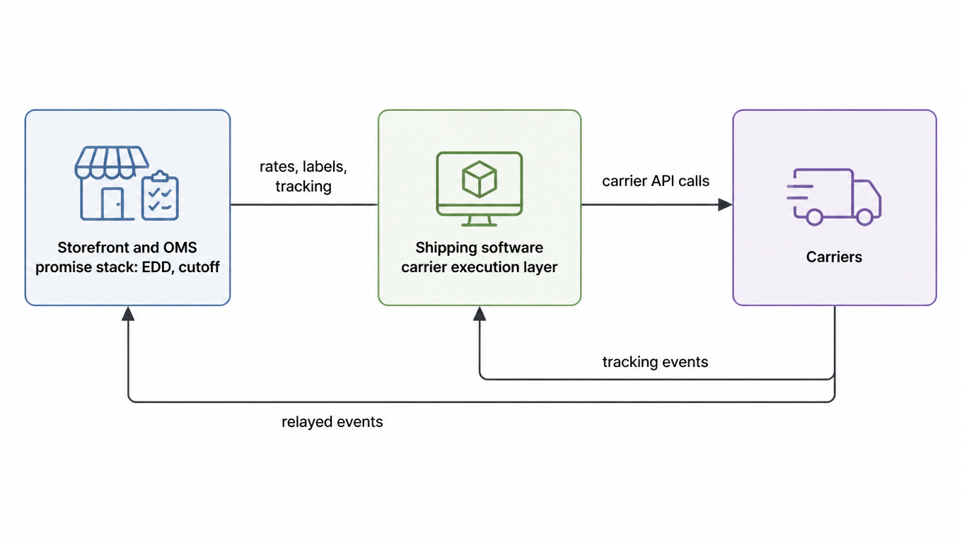 Architecture diagram: the storefront and OMS promise stack (EDD, cutoff) sends rates, labels, and tracking to the shipping software (carrier execution layer), which calls carrier APIs, carriers return tracking events, and the software relays events back to the promise stack