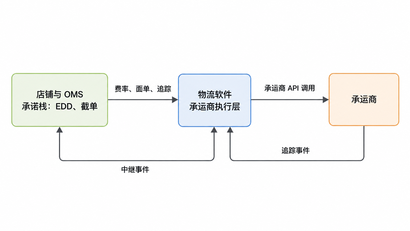 架构图:店铺与 OMS 承诺栈(EDD、截单)向物流软件(承运商执行层)传费率、面单、追踪,物流软件调用承运商 API,承运商回传追踪事件,软件中继事件回承诺栈
