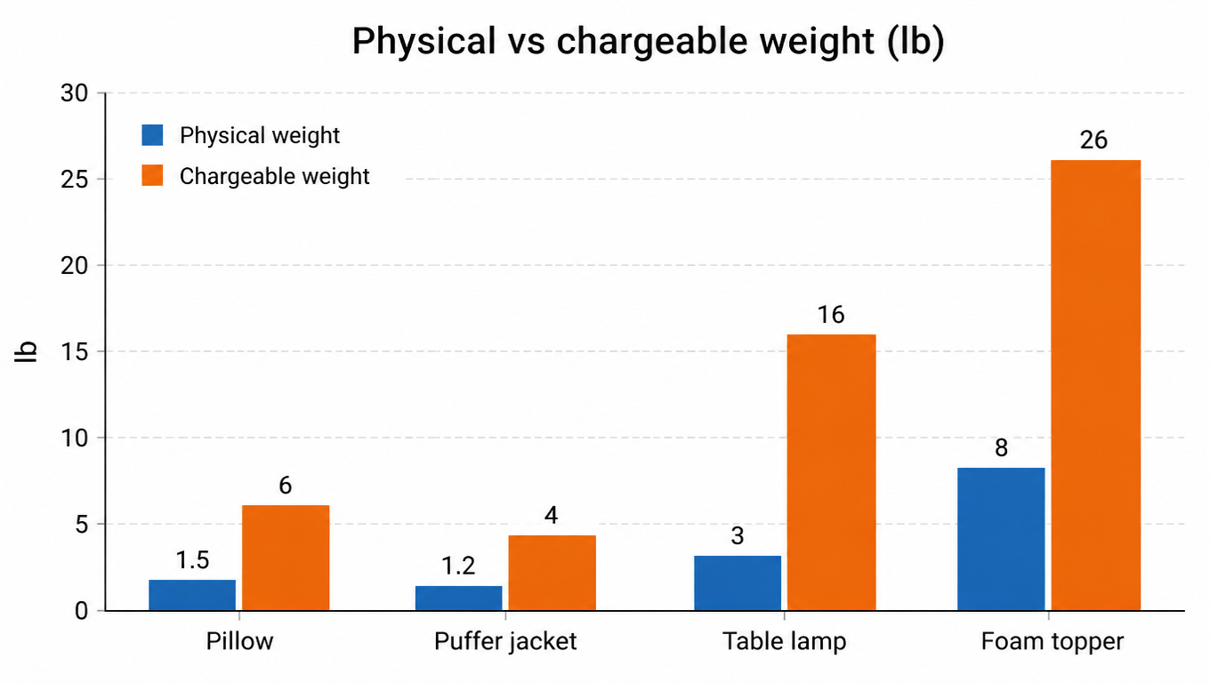 Bar chart: physical vs chargeable weight for a pillow, puffer jacket, table lamp, and foam topper; chargeable weight far exceeds physical weight