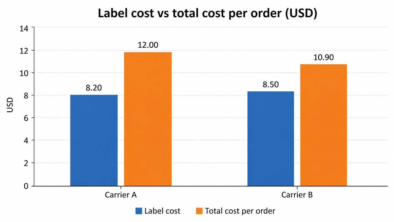 Bar chart: Carrier A's label costs USD 8.20 but total cost per order is USD 12.00; Carrier B's label costs USD 8.50 but total cost is USD 10.90