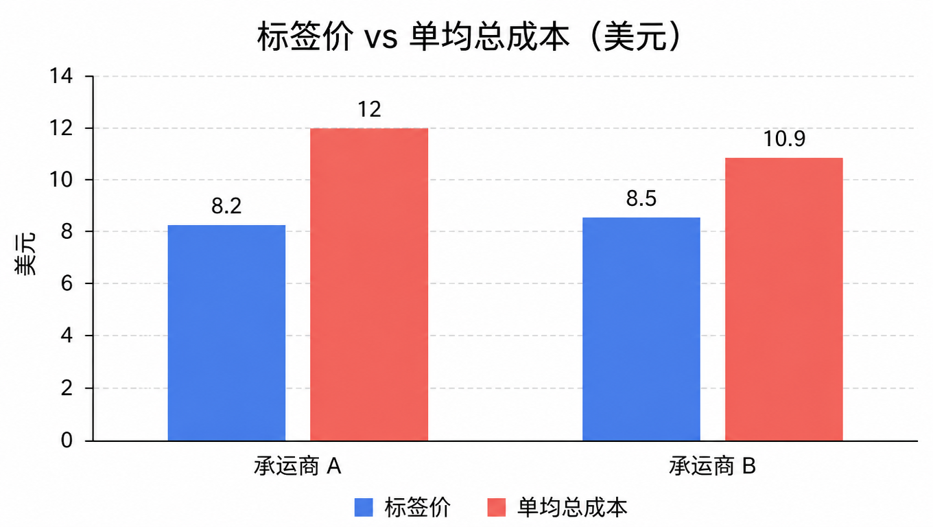柱状图:承运商 A 标签价 8.2 美元、单均总成本 12 美元,承运商 B 标签价 8.5 美元、单均总成本 10.9 美元