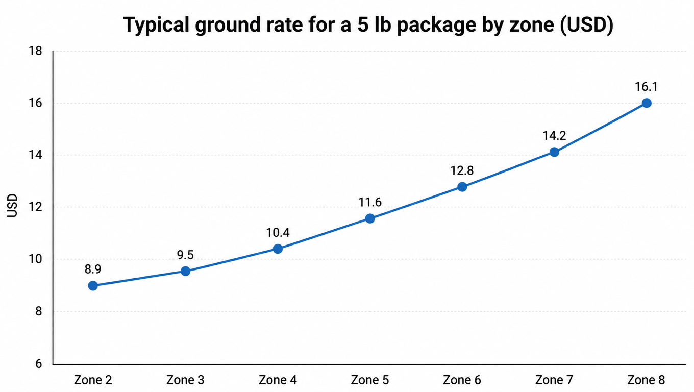 Line chart: ground rate for a 5 lb package by zone, climbing from about USD 8.90 in Zone 2 to about USD 16.10 in Zone 8