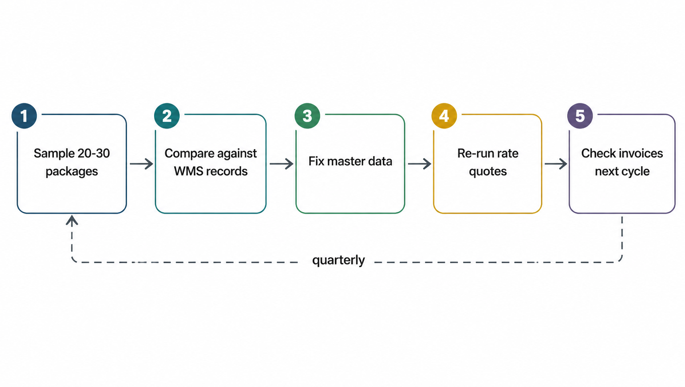 Loop flowchart: sample 20-30 packages → compare against WMS records → fix master data → re-run rate quotes → check next billing cycle against invoices, back to step one quarterly
