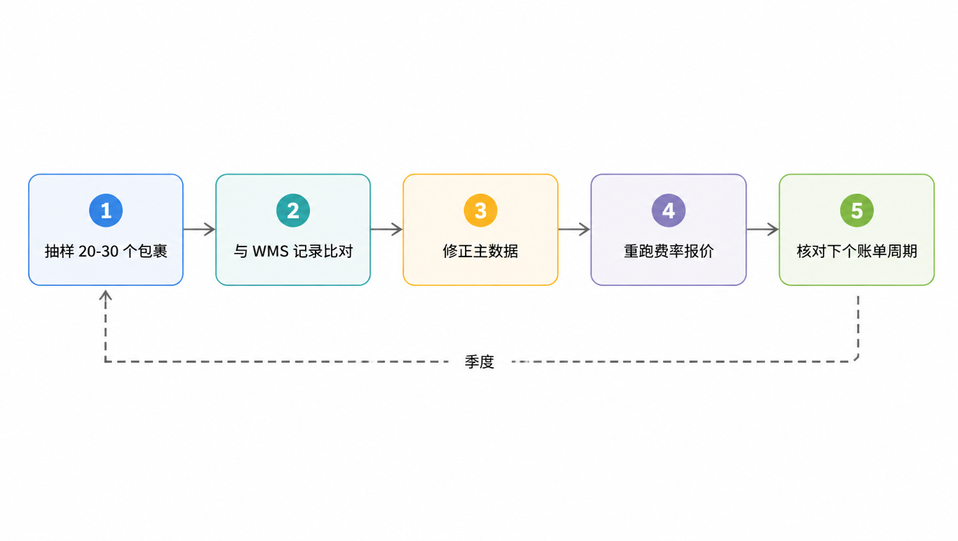 循环流程图：抽取 20-30 个包裹 → 与 WMS 记录对比 → 修正主数据 → 重新跑费率报价 → 下个周期核对账单，每季度回到第一步