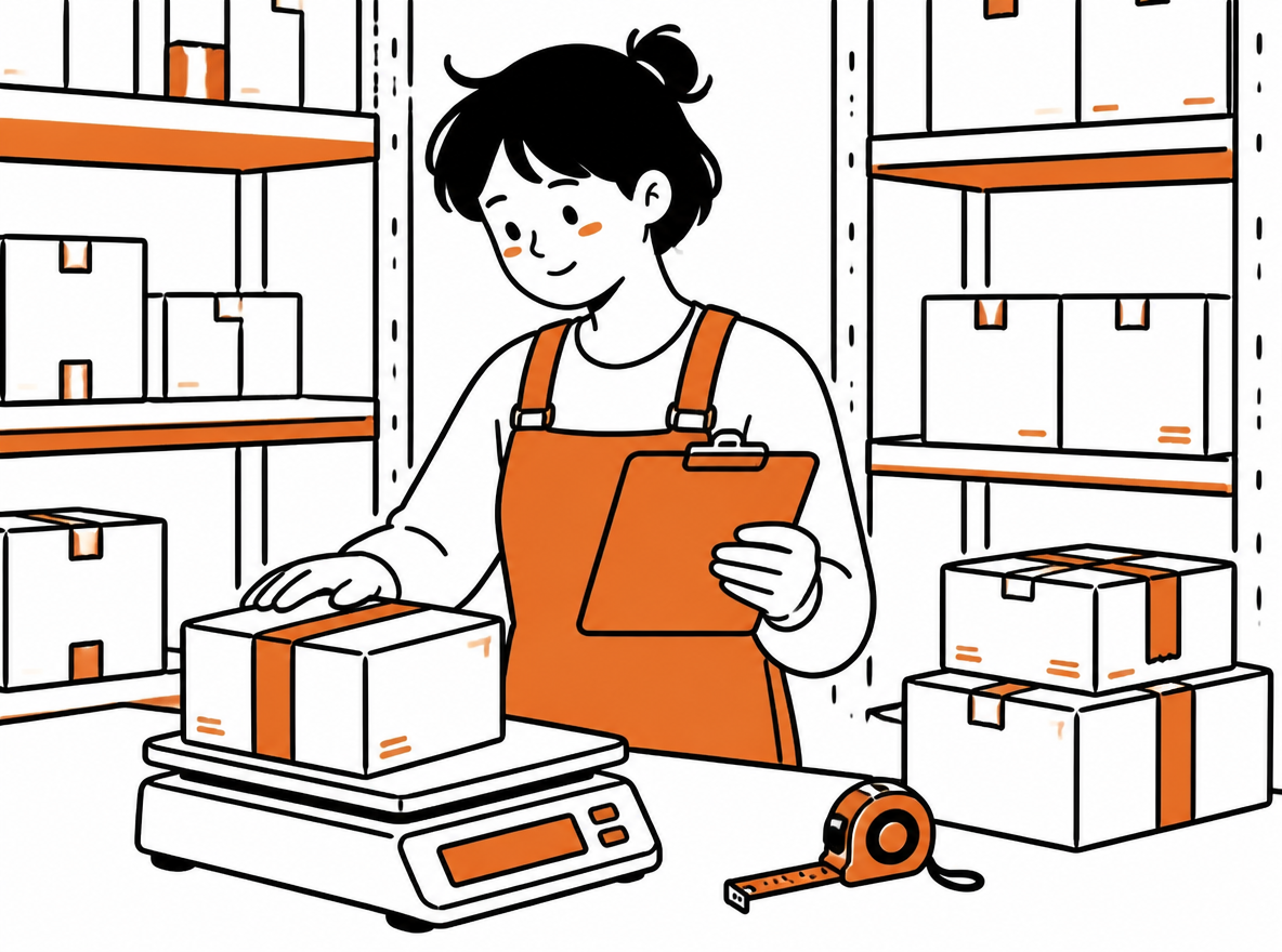 Warehouse operator places a parcel on a digital scale while holding a clipboard.
