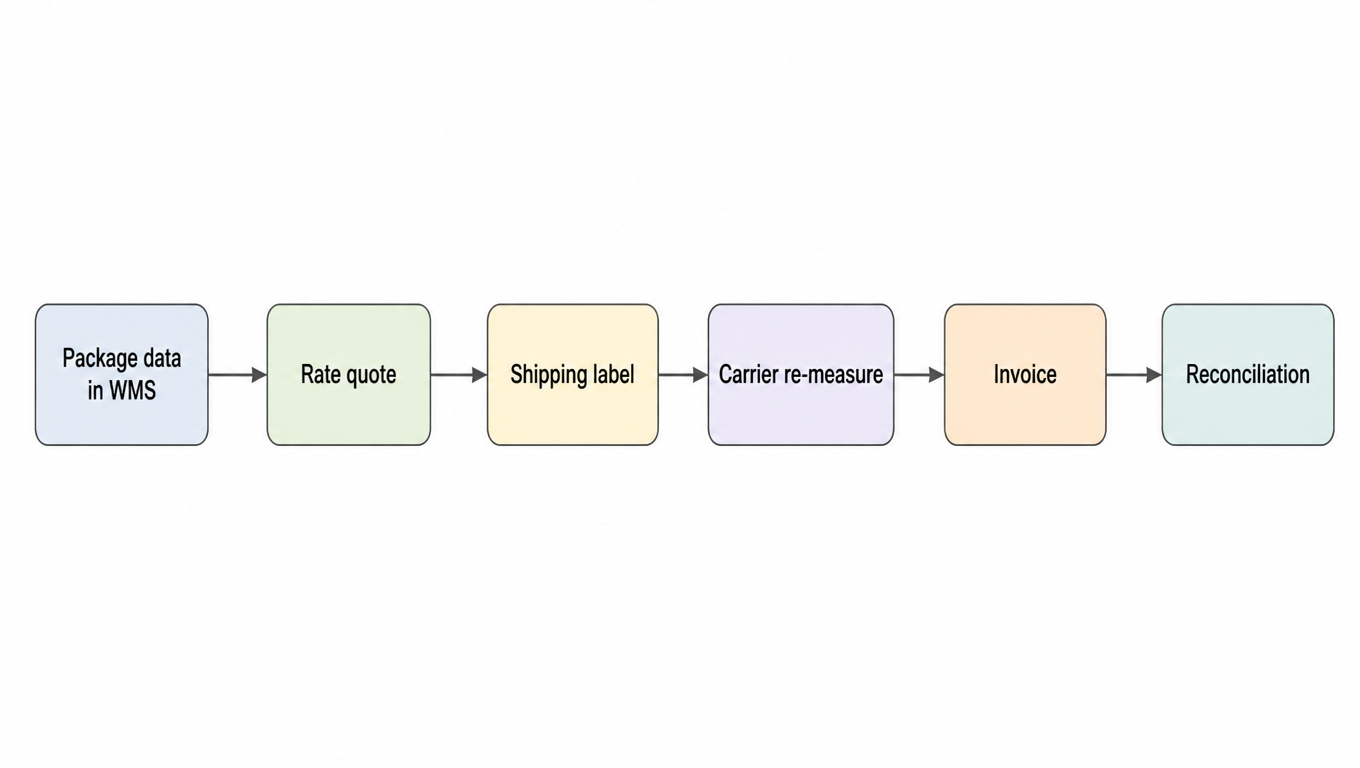 Flowchart: package data in WMS → rate quote → label → carrier re-measure → invoice → reconciliation