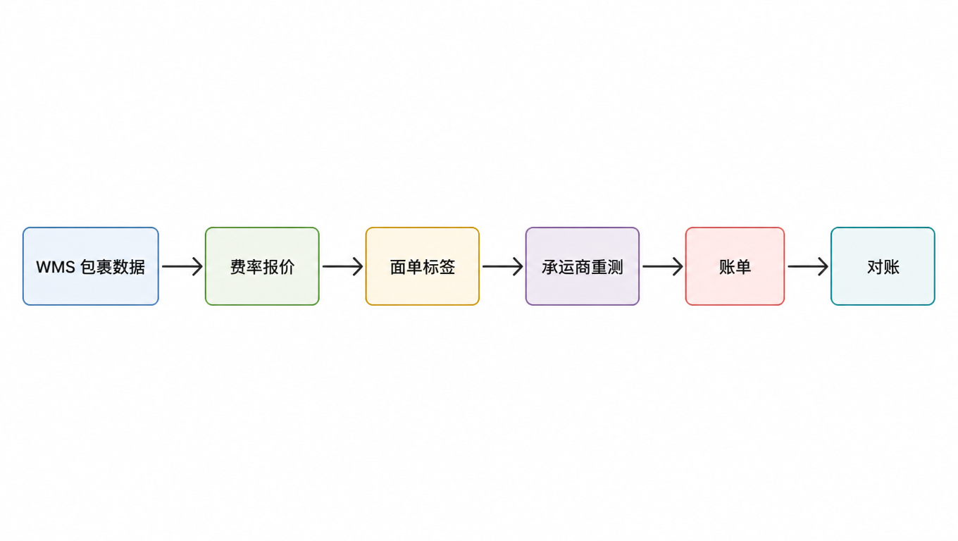 流程图：WMS 中的包裹数据 → 费率报价 → 面单 → 承运商重测 → 账单 → 对账