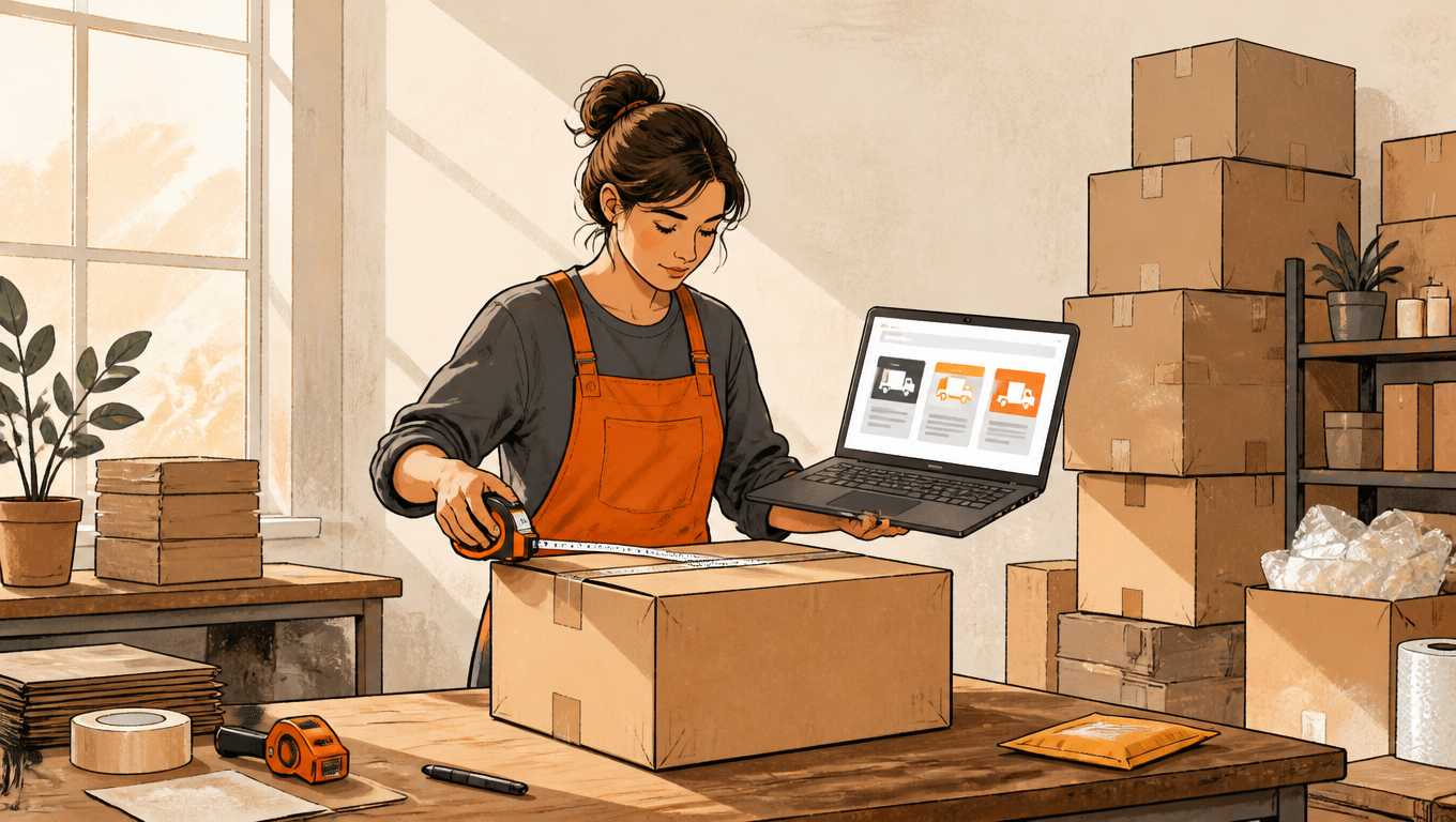 Seller measures a parcel beside a laptop comparing carrier rates.