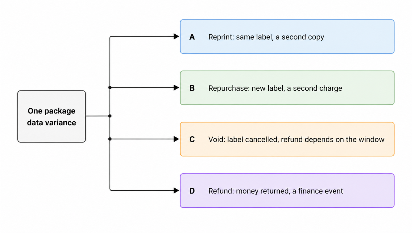 Diagram: one package data variance branches into four distinct events, reprint, repurchase, void, and refund
