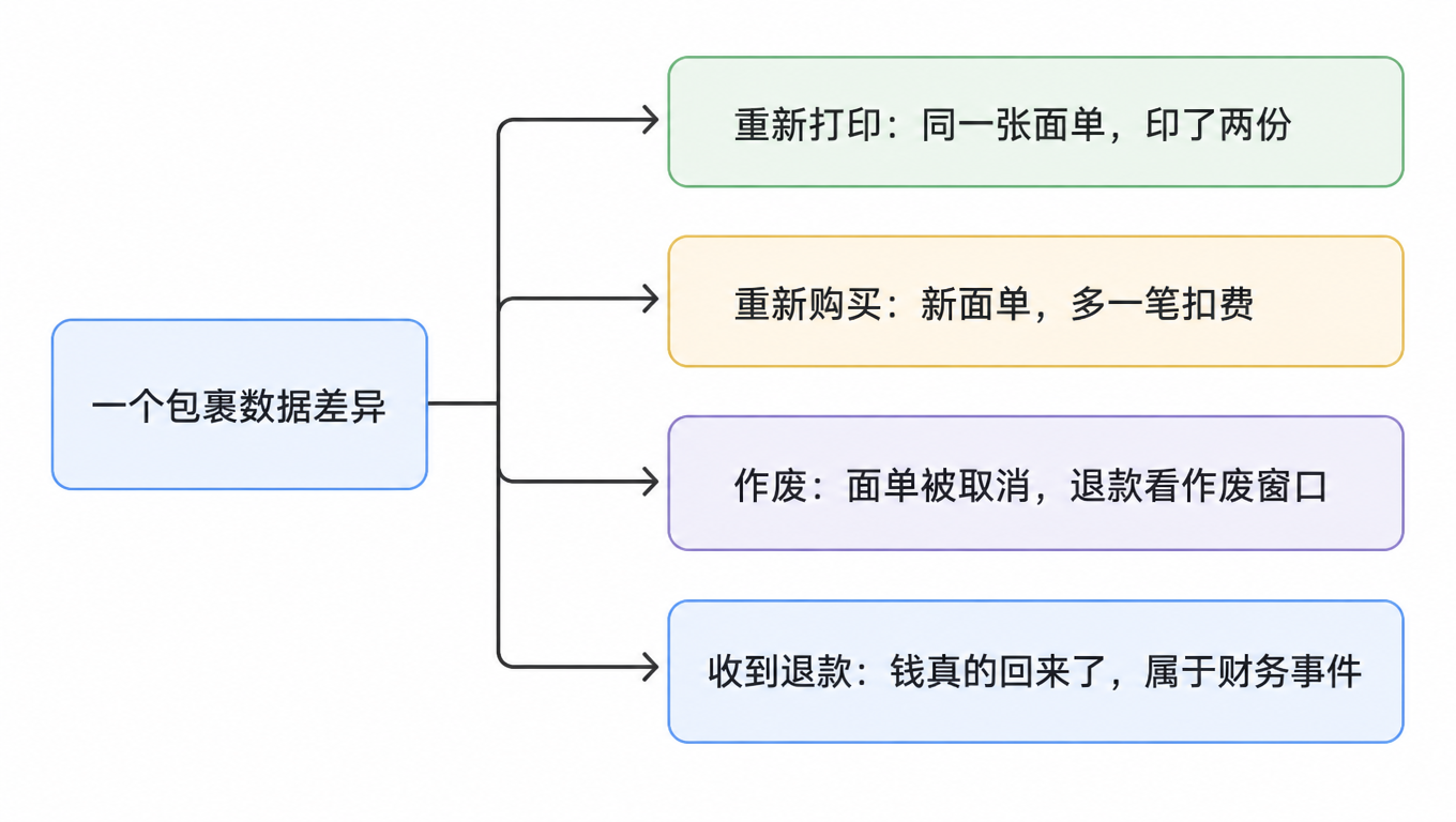 示意图：一个包裹数据差异分叉出重新打印、重新购买、作废、收到退款四个不同事件