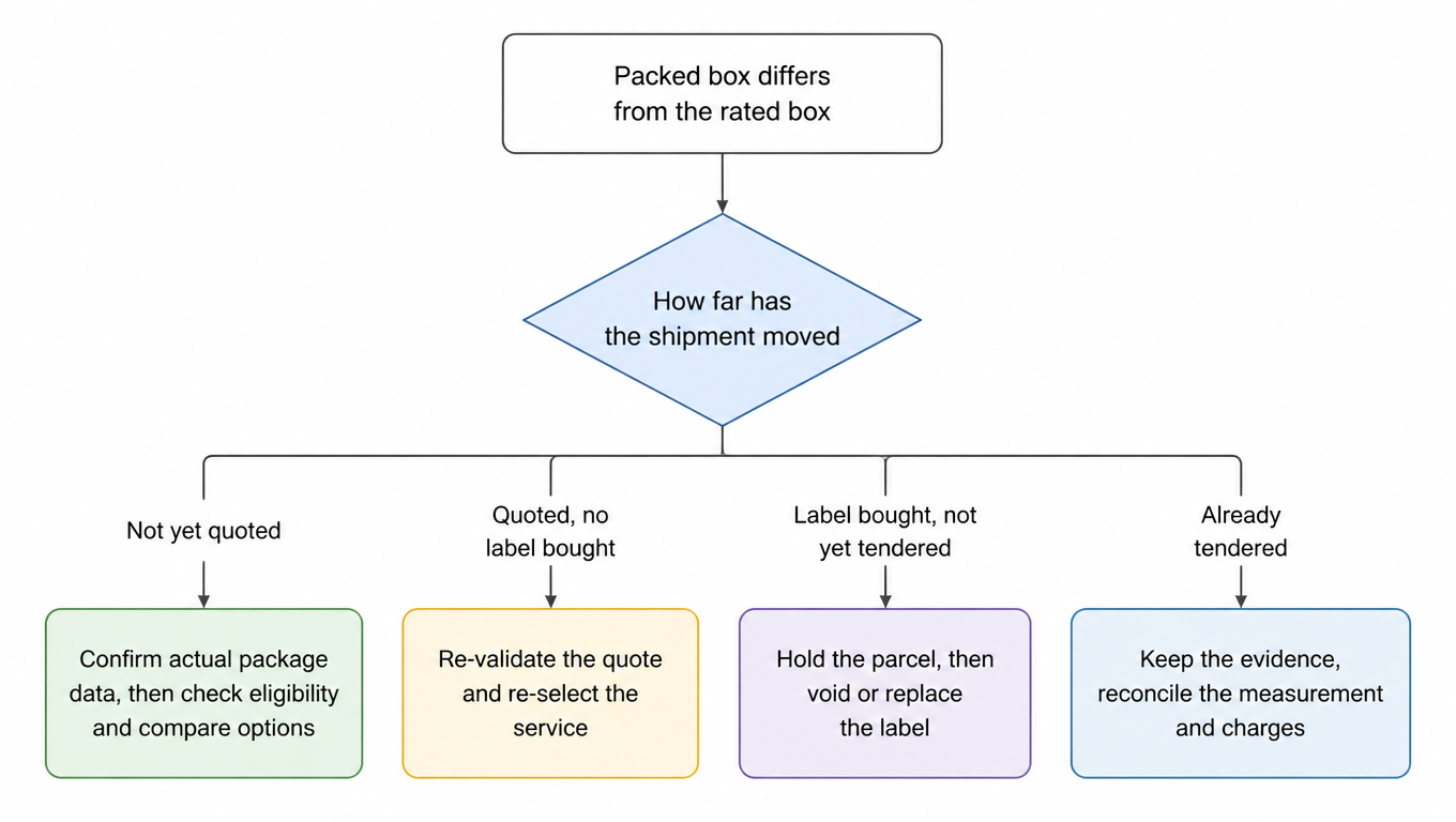 Decision flow: when the packed box differs from the rated box, four shipment states each map to one order of action