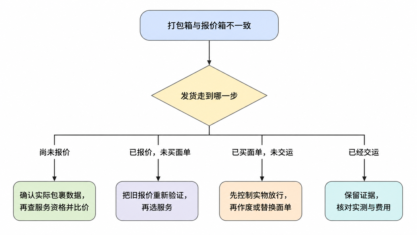 决策流程图：打包箱与报价箱不一致时，按发货进度分成尚未报价、已报价未买面单、已买面单未交运、已经交运四种状态，每种对应一个动作顺序