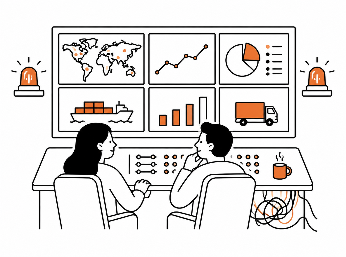 Two operators monitor shipping metrics in a small control room.