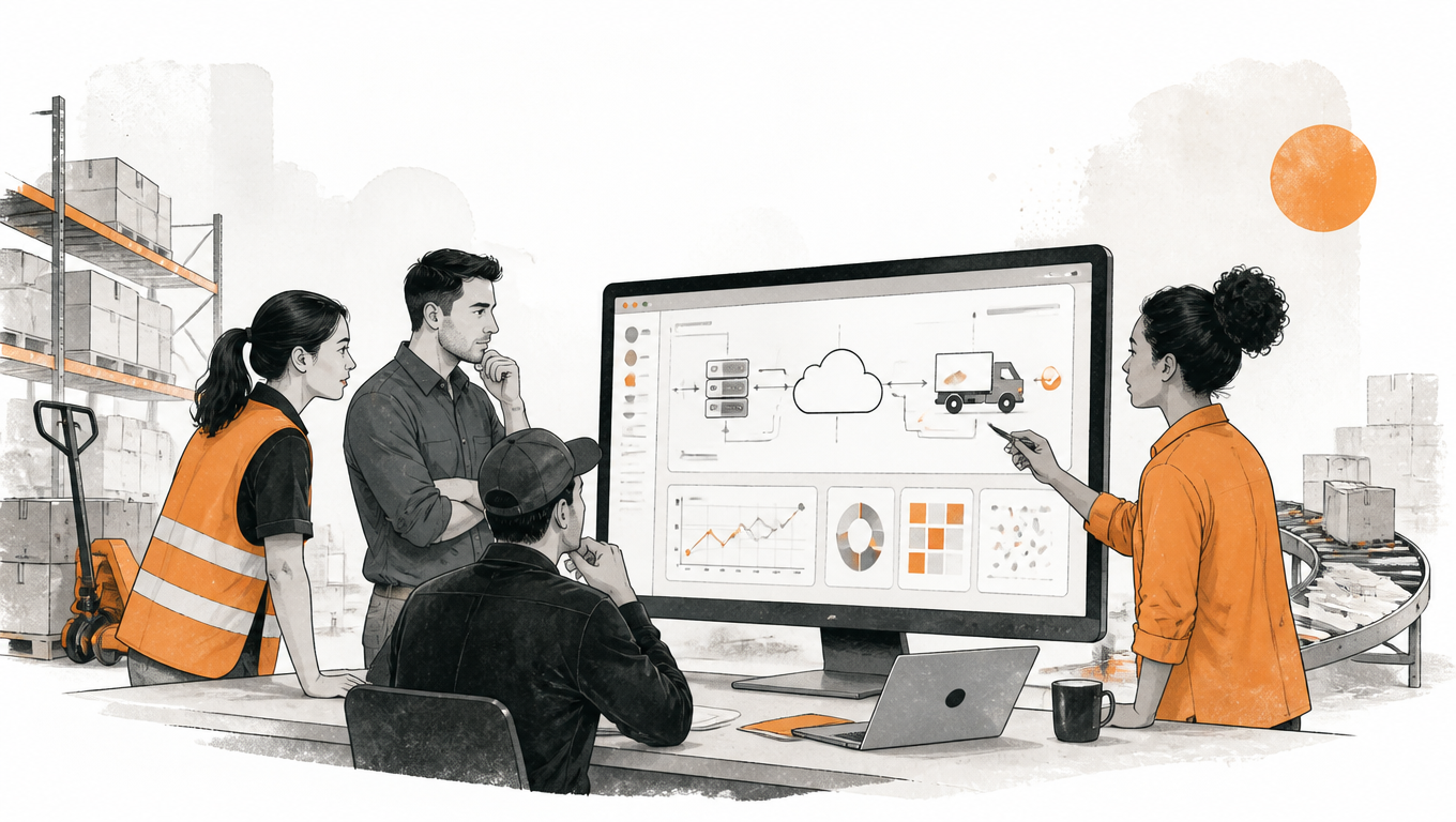 Warehouse operations team runs shipping API tests before launch on a large display.
