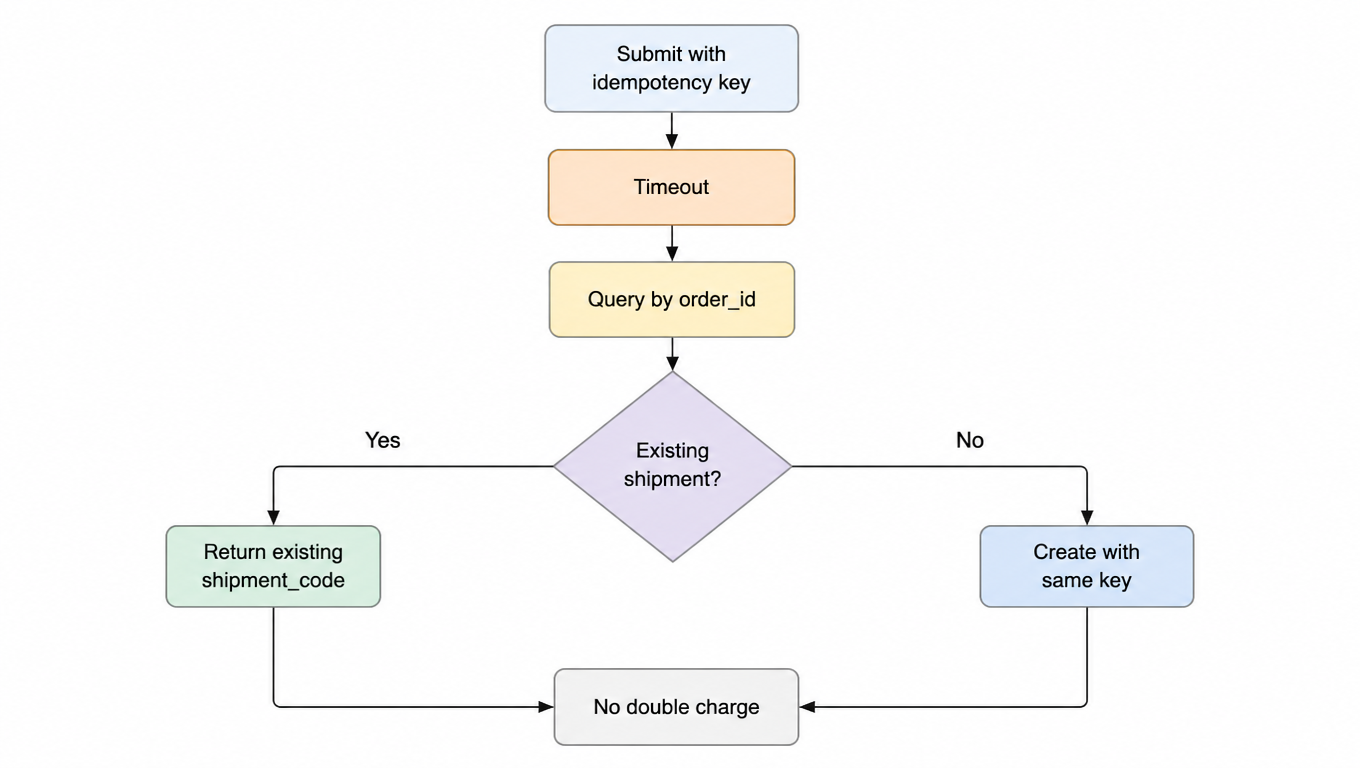 Flowchart: submit with idempotency key, on timeout query by order id, if the shipment exists return the existing shipment code, otherwise create with the same key, no double charge in either path