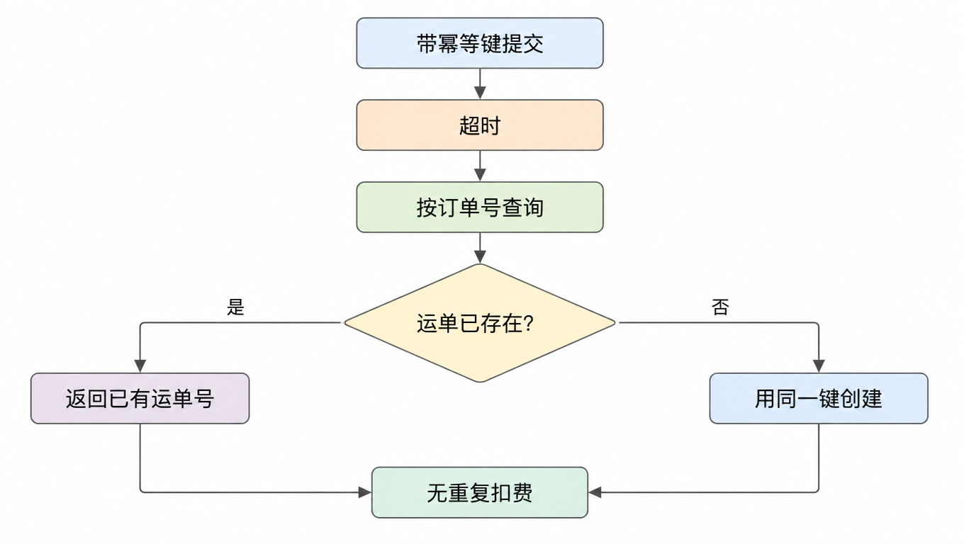 流程图:带幂等键提交,超时后按订单号查询,运单已存在则返回已有运单号,不存在则用同一键创建,最终无重复扣费