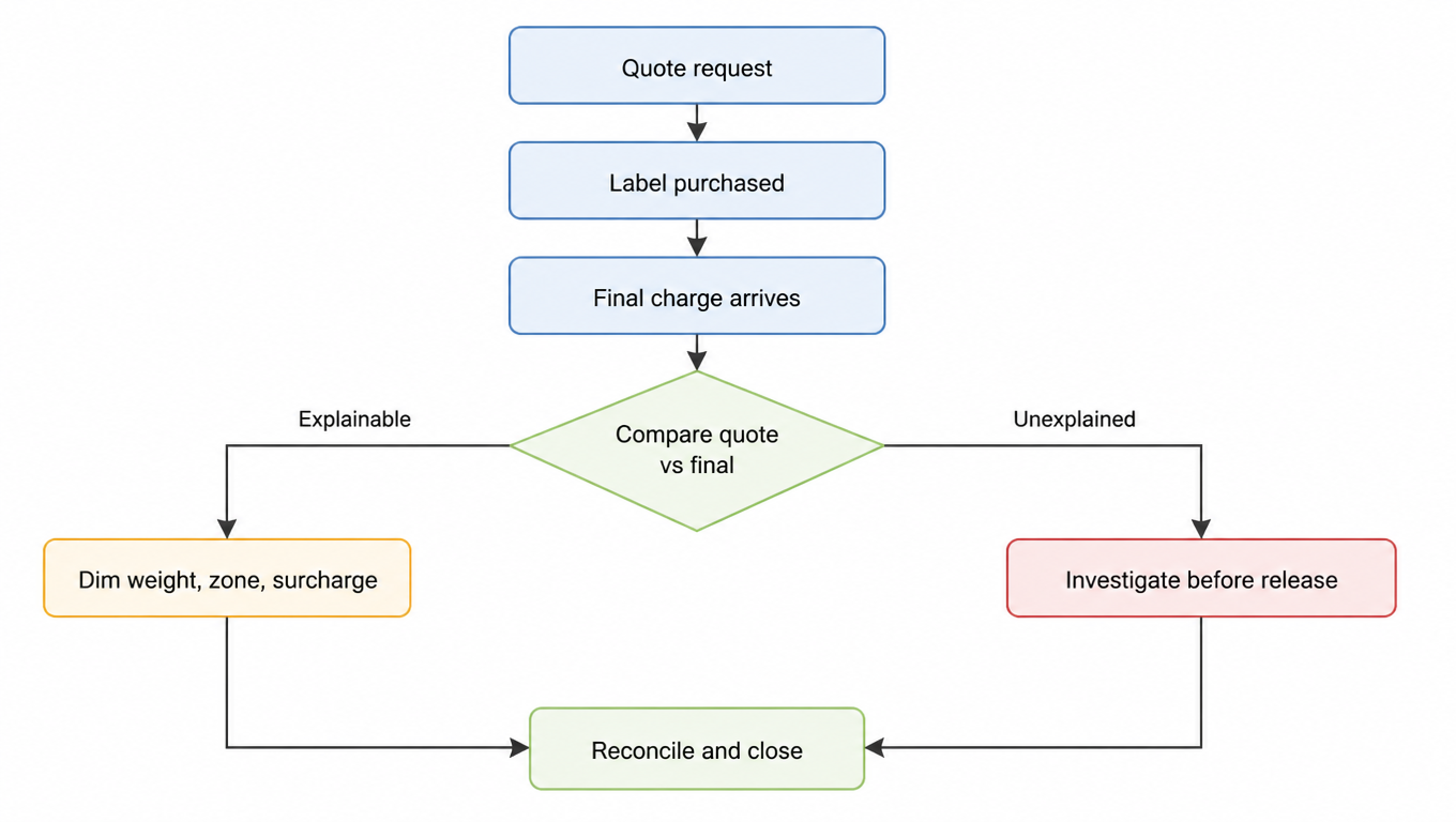 Flowchart: quote request, label purchased, final charge arrives, compare quote vs final, explainable differences trace to dim weight, zone, or surcharge, unexplained differences get investigated before release, then reconcile and close