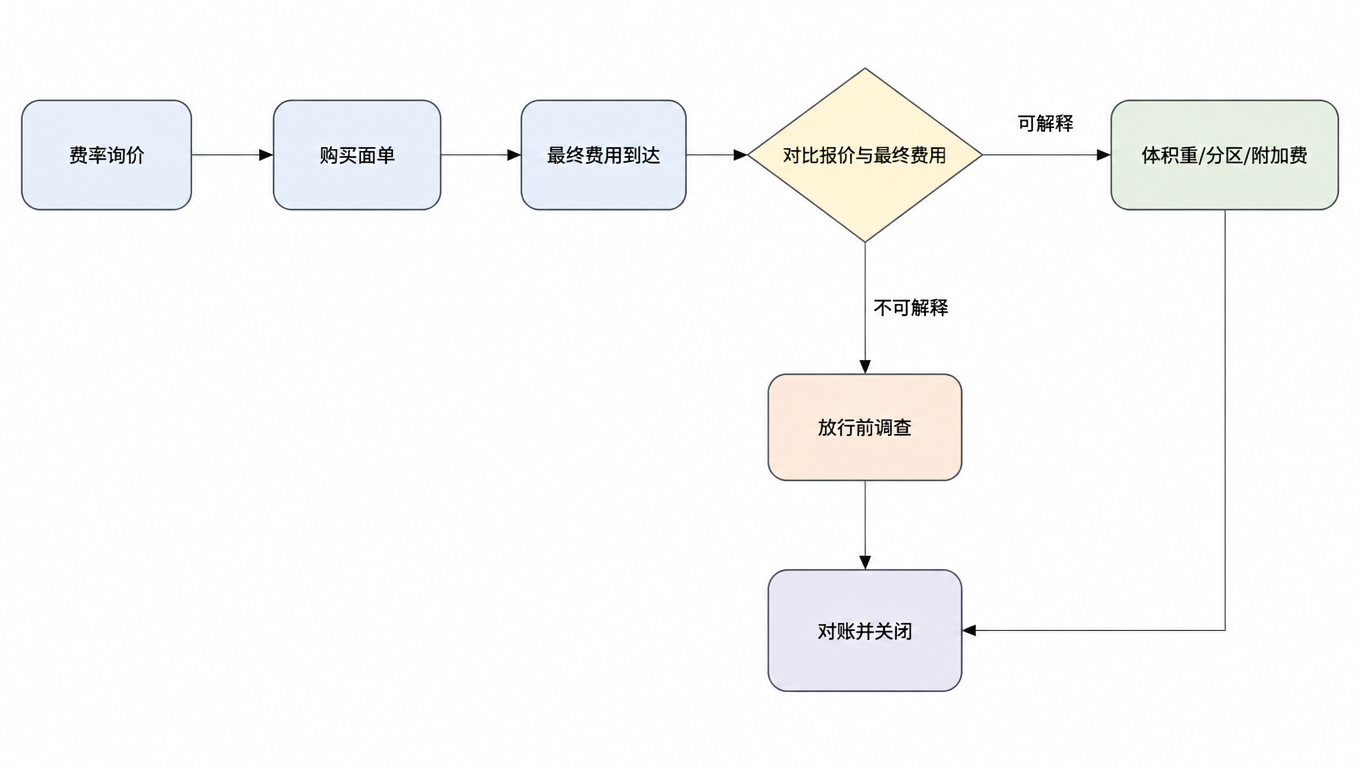 流程图:费率询价、购买面单、最终费用到达,对比报价与最终费用,可解释则归因于体积重、分区或附加费,不可解释则在放行前调查,最终对账并关闭