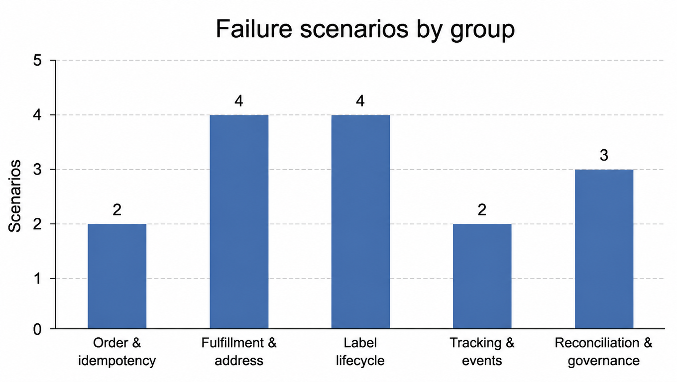 Bar chart: failure scenarios by integration group, order and idempotency 2, fulfillment and address 4, label lifecycle 4, tracking and events 2, reconciliation and governance 3
