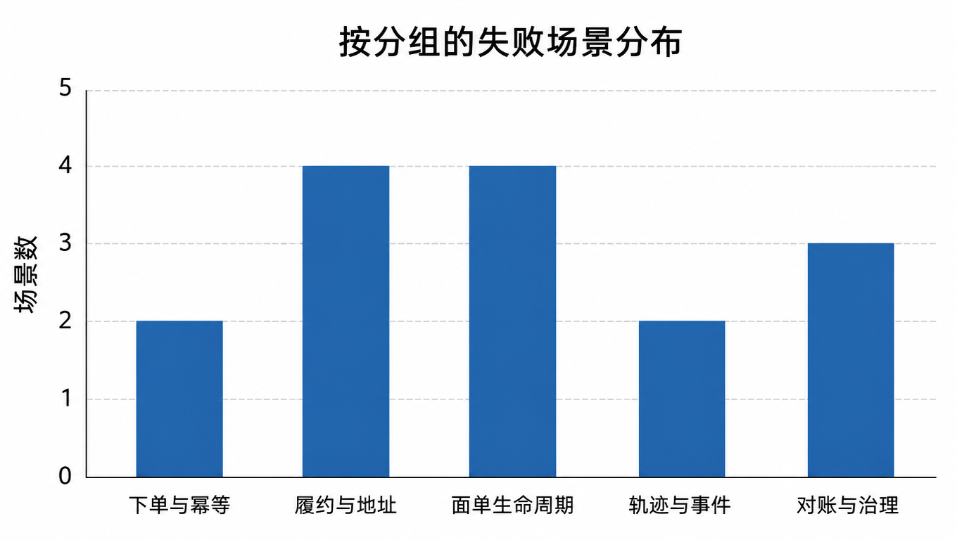柱状图:按集成环节分组的失败场景分布,下单与幂等 2、履约与地址 4、面单生命周期 4、轨迹与事件 2、对账与治理 3