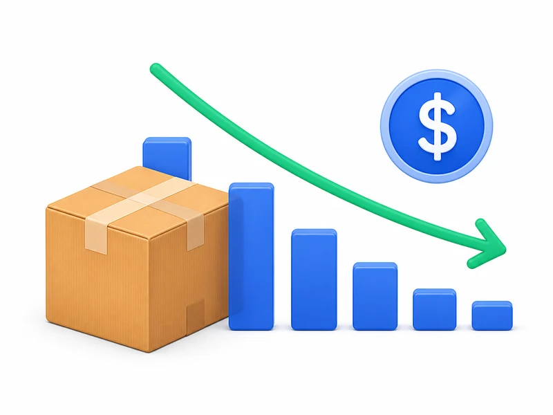 Cardboard shipping box beside a descending cost chart and dollar symbol