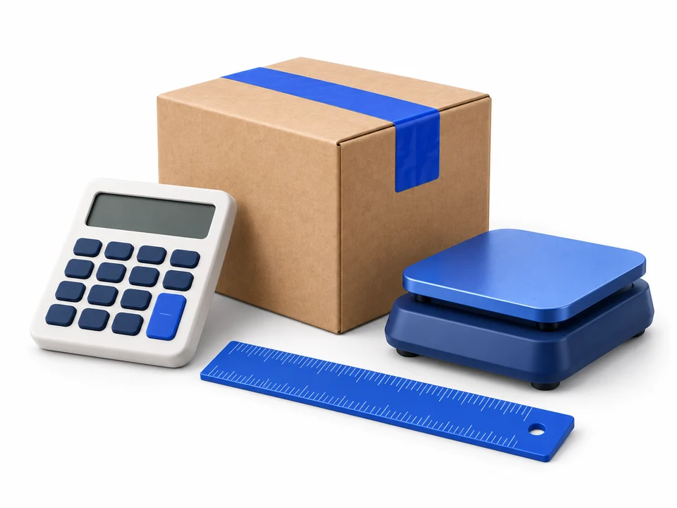 Shipping parcel, calculator, ruler and scale